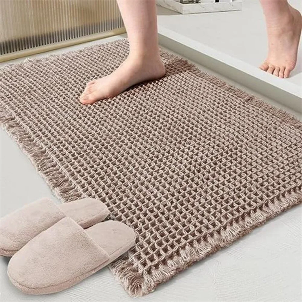 Tan Waffle Bath Mat,Super Absorbent Non Slip Bathroom Rug,Brown